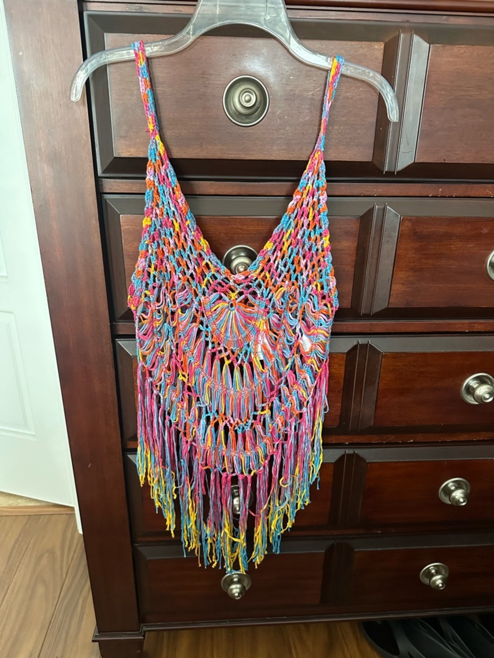 Ekouaer Rainbow Beach Cover UpCrochet tank With Fringe Sz S Boho Festival Beach